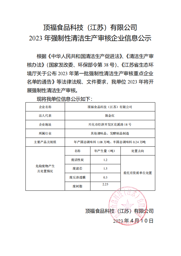 頂福食品科技（江蘇）有限公司 2023 年強制性清潔生產(chǎn)審核企業(yè)信息公示